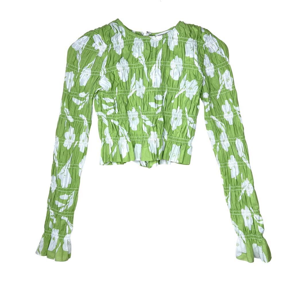 SABO Green White Floral Print Long Sleeve Top Smocked Stretch Cotton XS Cropped